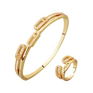 Brass Hollow Diamonds Oval Links Hinged Bracelet Ring Set