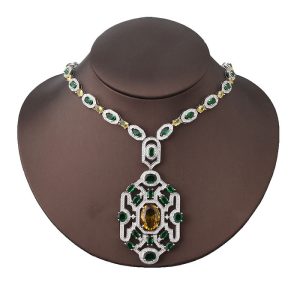 Wedding Party Brass Diamond Emeralds Geometric Necklace