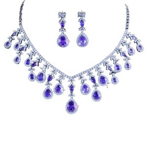 2pcs Bridal Brass Purple Teardrop CZ Stones Jewelry Set