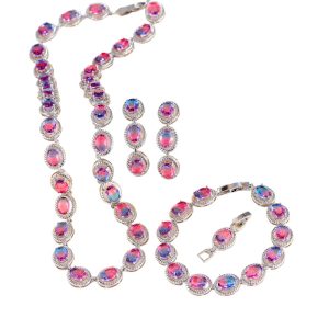 3pcs Bridal Brass Rainbow Oval CZ Stones Jewelry Set