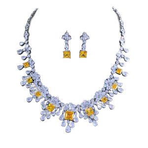 2pcs Party Brass White Gold CZ Stones Flower Jewelry Set