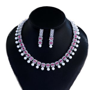Bridal Brass Diamond Pearls Choker Necklace Earrings Set