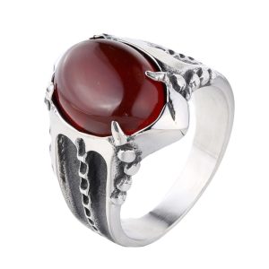 Men's Stainless Steel Black Red Agate Stone Ring