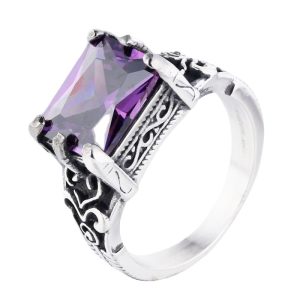 Men's Stainless Steel Crystal Amethyst Stone Ring