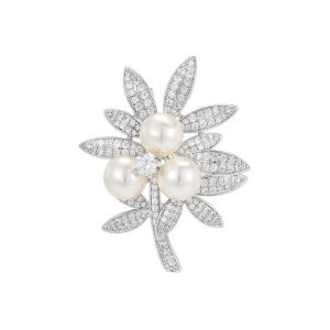 48mm Brass Fashion Pearls CZ Leaves Brooch