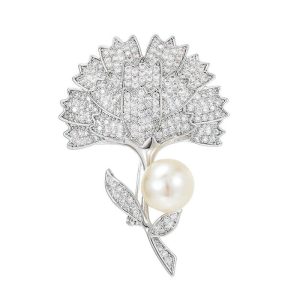52mm Brass Fashion Pearls CZ Ginkgo Leaf Brooch