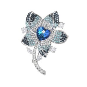 47mm Brass Fashion Blue Diamonds Flower Brooch