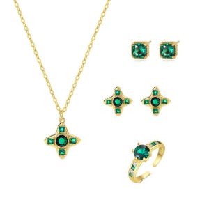 4pcs 925 Silver Green CZ Cross Jewelry Set