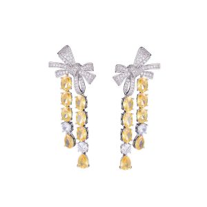Brass Jewelry 56mm CZ Bowknot Tassels Stud Earrings