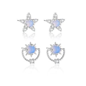 925 Silver CZ Moonstone Star Stud Earrings