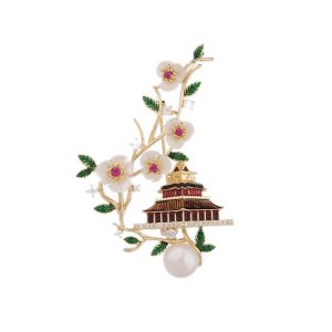 Brass Jewelry Pearl Shells CZ Flowers Gazebo Brooch