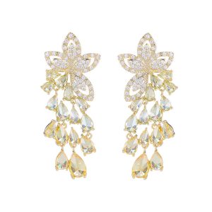 Brass Jewelry 44mm Teardrop CZ Flowers Stud Earrings