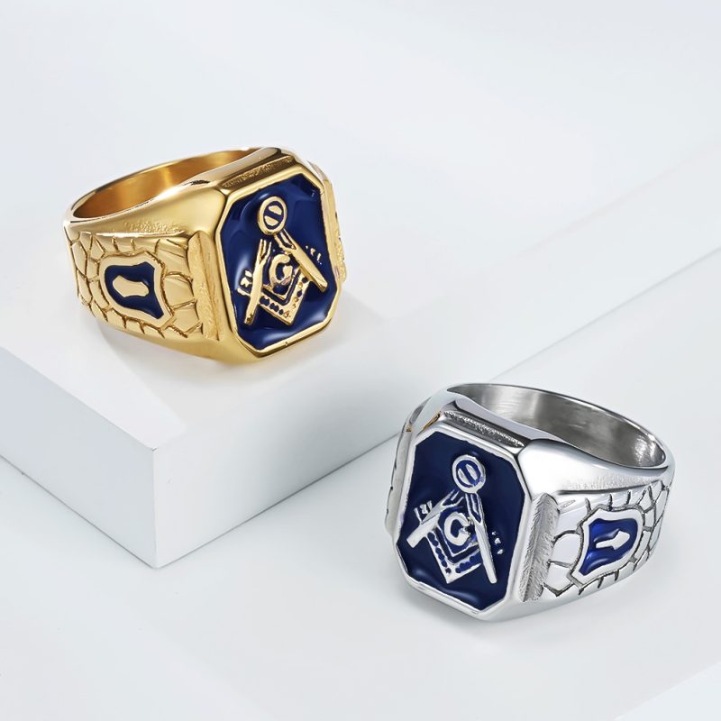 Hiphop Stainless Steel Blue Enamel Freemasonry Ring
