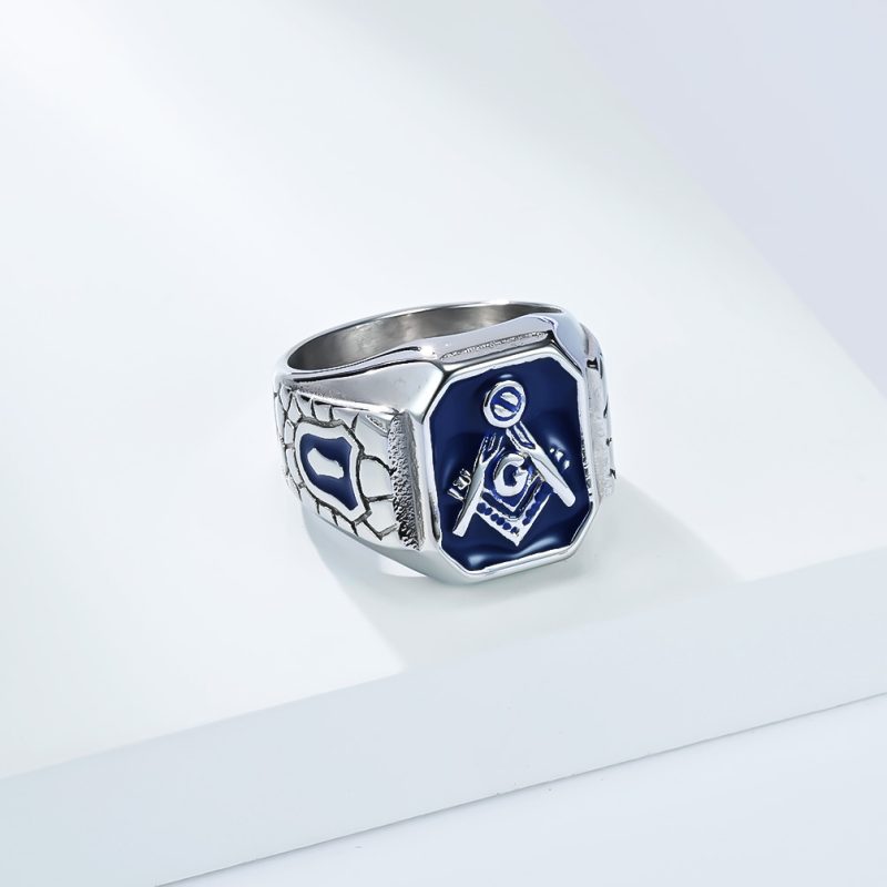 Hiphop Stainless Steel Blue Enamel Freemasonry Ring