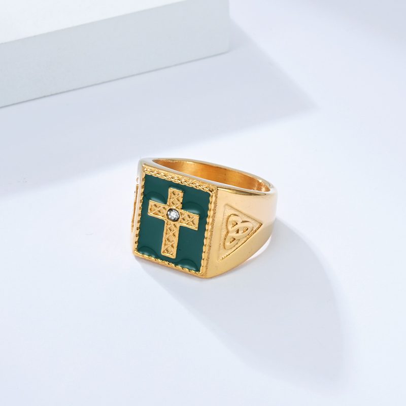 Hiphop Stainless Steel Green Enamel CZ Cross Ring