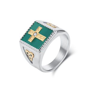 Hiphop Stainless Steel Green Enamel CZ Cross Ring