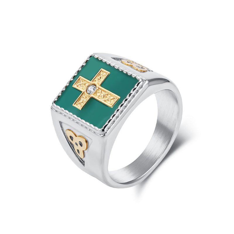 Hiphop Stainless Steel Green Enamel CZ Cross Ring