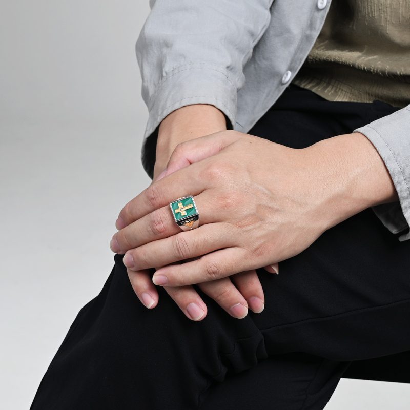 Hiphop Stainless Steel Green Enamel CZ Cross Ring