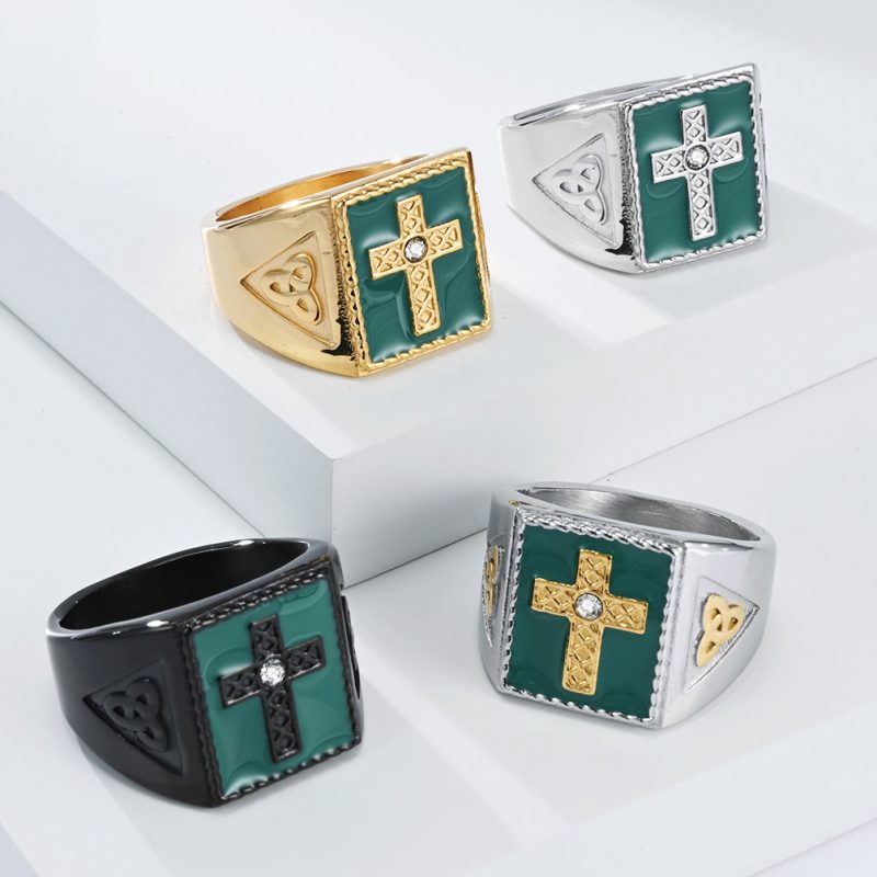 Hiphop Stainless Steel Green Enamel CZ Cross Ring