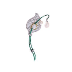 69mm Brass Jewelry Pearls CZ Leaf Brooch