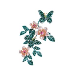 Brass Jewelry Pink Green CZ Flowers Leaf Butterfly Brooch