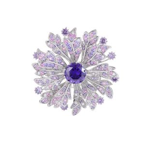 Brass Jewelry Purple Diamonds Flower Brooch