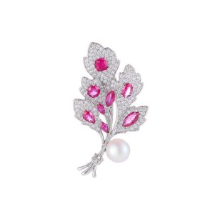Brass Jewelry White Rose Pearl CZ Leaf Brooch