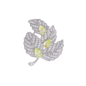 Brass Jewelry White Green CZ Leaf Flower Brooch