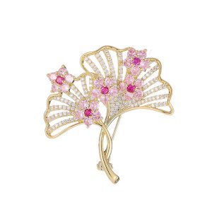 Brass Jewelry Hollow CZ Ginkgo Leaf Flower Brooch