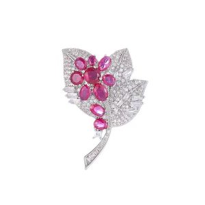 Brass Jewelry White Rose Diamond Leaf Flower Brooch