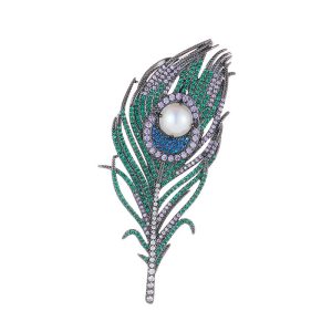 64mm Brass Jewelry Diamond Pearl Feather Brooch