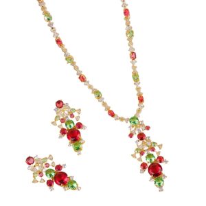 Brass Jewelry Red Green CZ Necklace Earrings Set