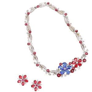 Brass Jewelry CZ Flowers Statement Necklace Earrings Set