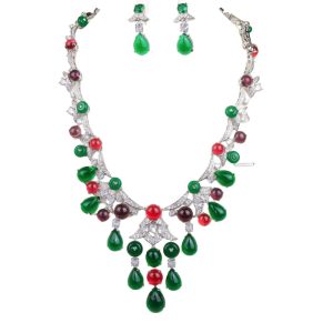 Brass Jewelry Teardrop CZ Statement Necklace Earrings Set
