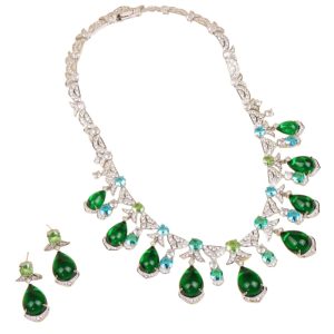Brass Jewelry Teardrop Emerald Tassels Necklace Set