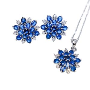 Brass Jewelry Blue CZ Flower Necklace Earrings Set