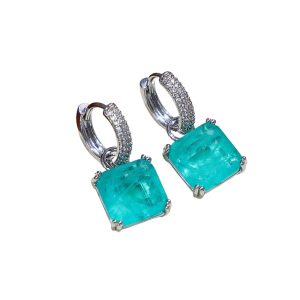 Brass Blue CZ Square Gemstone Hoop Earrings