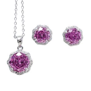 Brass Jewelry CZ Flower Pendant Necklace Earrings Set