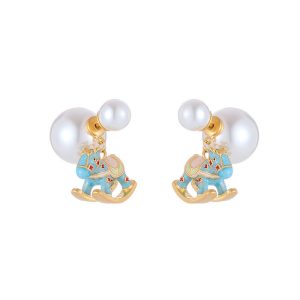 Brass Jewelry CZ Pearls Dog Stud Earrings