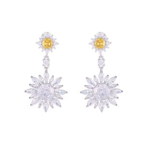 Brass Jewelry CZ Daisy Flower Hanging Stud Earrings