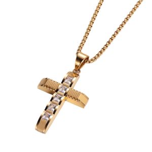 Unisex Stainless Steel Diamonds Cross Pendant Necklace