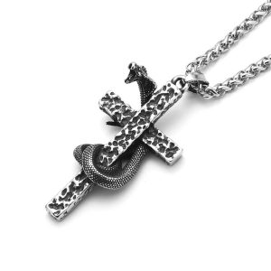 Viking Stainless Steel Snake Cross Pendant Necklace