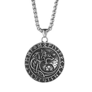 Viking Stainless Steel Wolf Circle Pendant Necklace