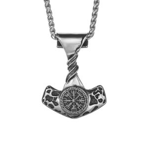 Viking Stainless Steel Thor's Hammer Compass Necklace