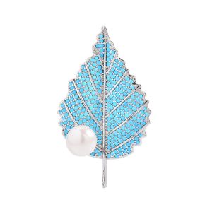 Brass Jewelry 44mm Blue CZ Maple Leaf Brooch