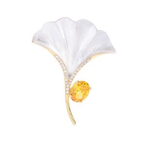 Brass Jewelry Enamel CZ Ginkgo Leaf Brooch