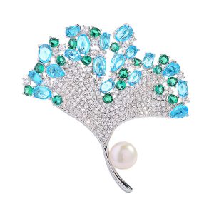 Brass Jewelry Green Pearl CZ Ginkgo Leaf Brooch