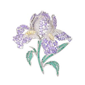 Brass Jewelry Purple Green CZ Leaves Flower Brooch