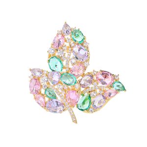 Brass Jewelry Triple Colored CZ Leaf Brooch