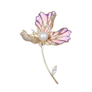 Brass Jewelry Purple Enamel CZ Lotus Leaf Brooch